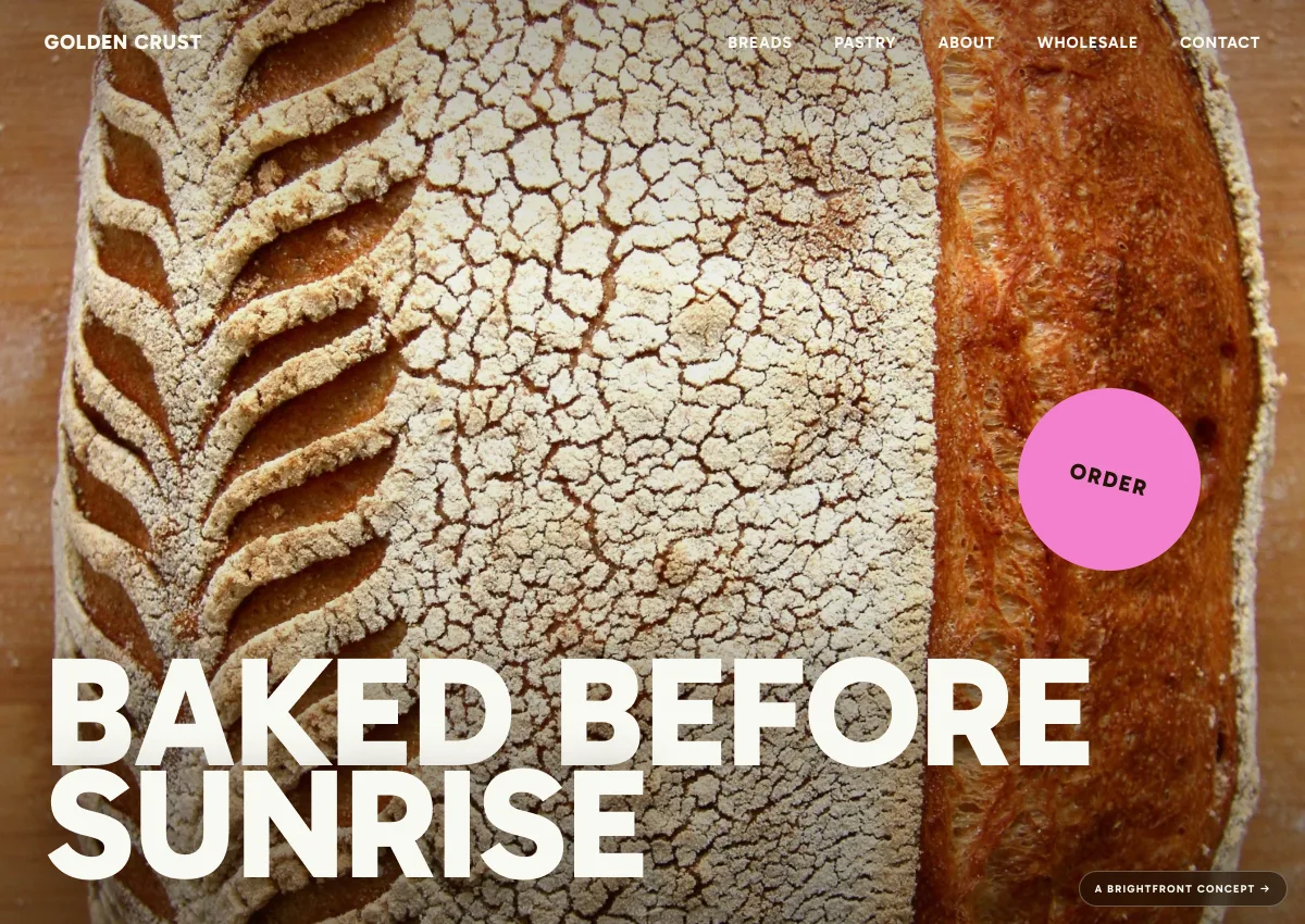 Golden Crust Bakery concept — full-bleed sourdough hero with giant cream type
