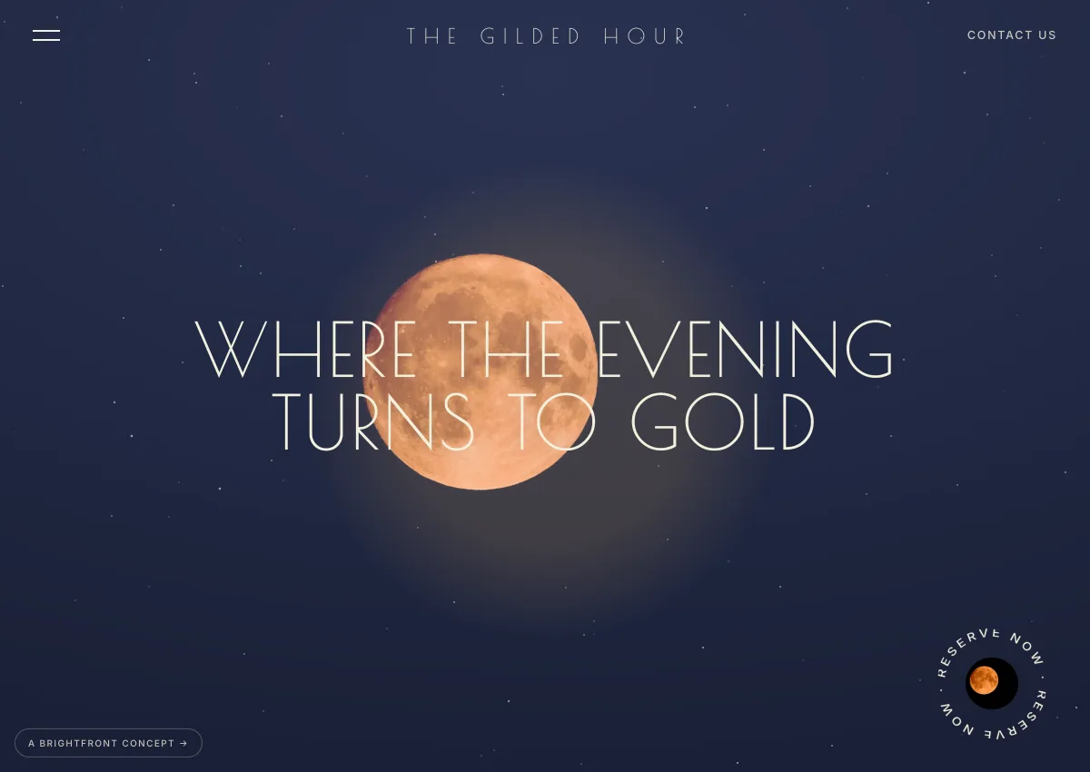 The Gilded Hour concept — night-sky cocktail lounge with a golden moon