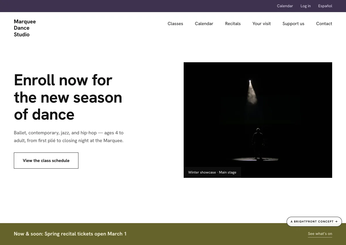 Marquee Dance Studio — dance studio website concept by BrightFront