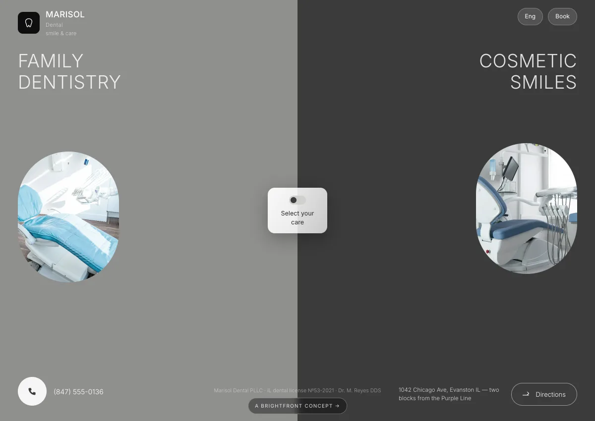 Marisol Dental concept — split-screen clinic site with arch photo windows
