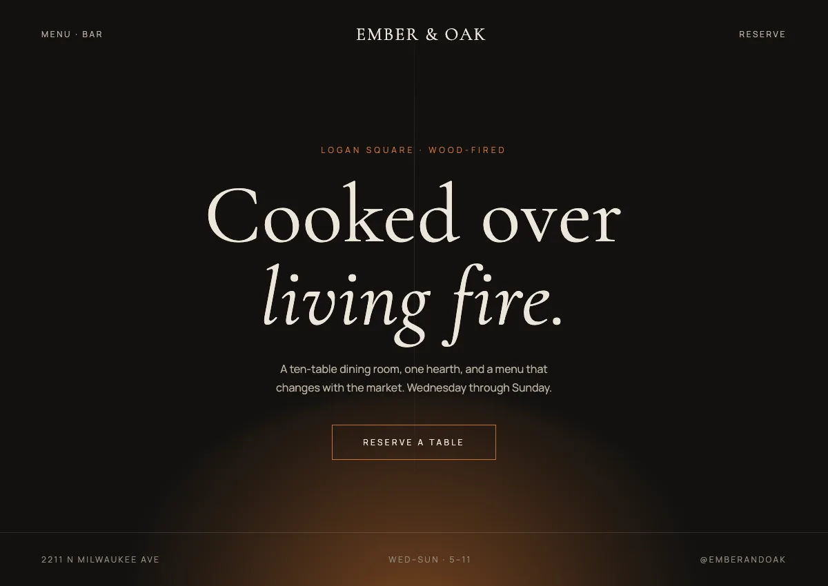 Ember and Oak restaurant website concept