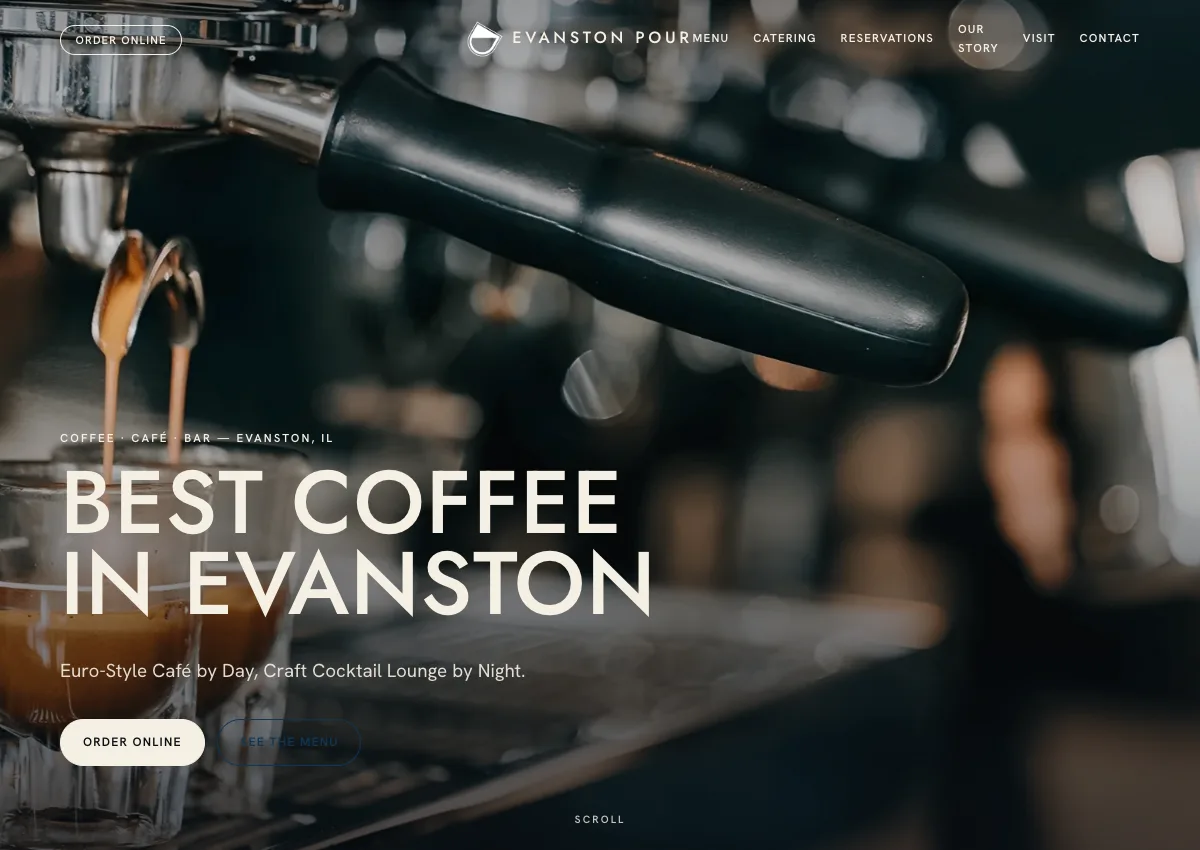 Evanston Pour website — cinematic café and cocktail lounge site