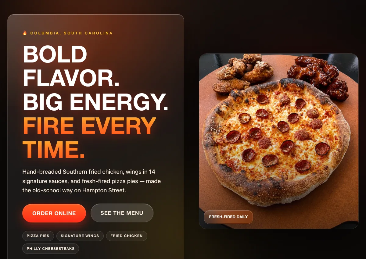 Fire King Pizza website — bold dark pizza and wings site