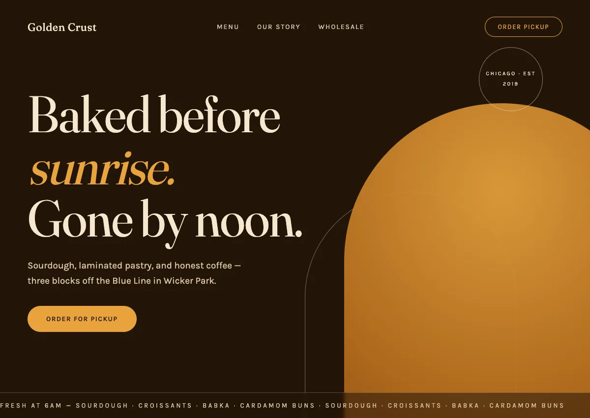 Golden Crust Bakery website concept — warm editorial bakery hero
