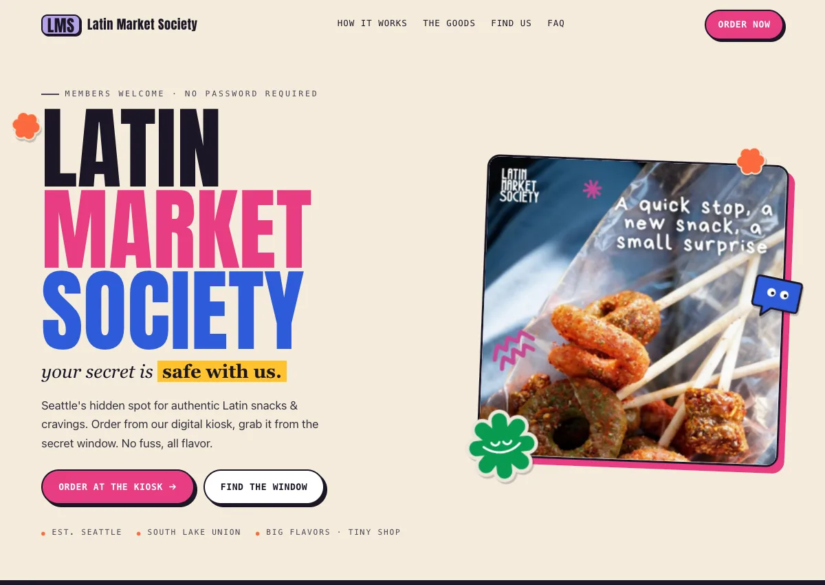 Latin Market Society website — editorial sticker-style snack market site