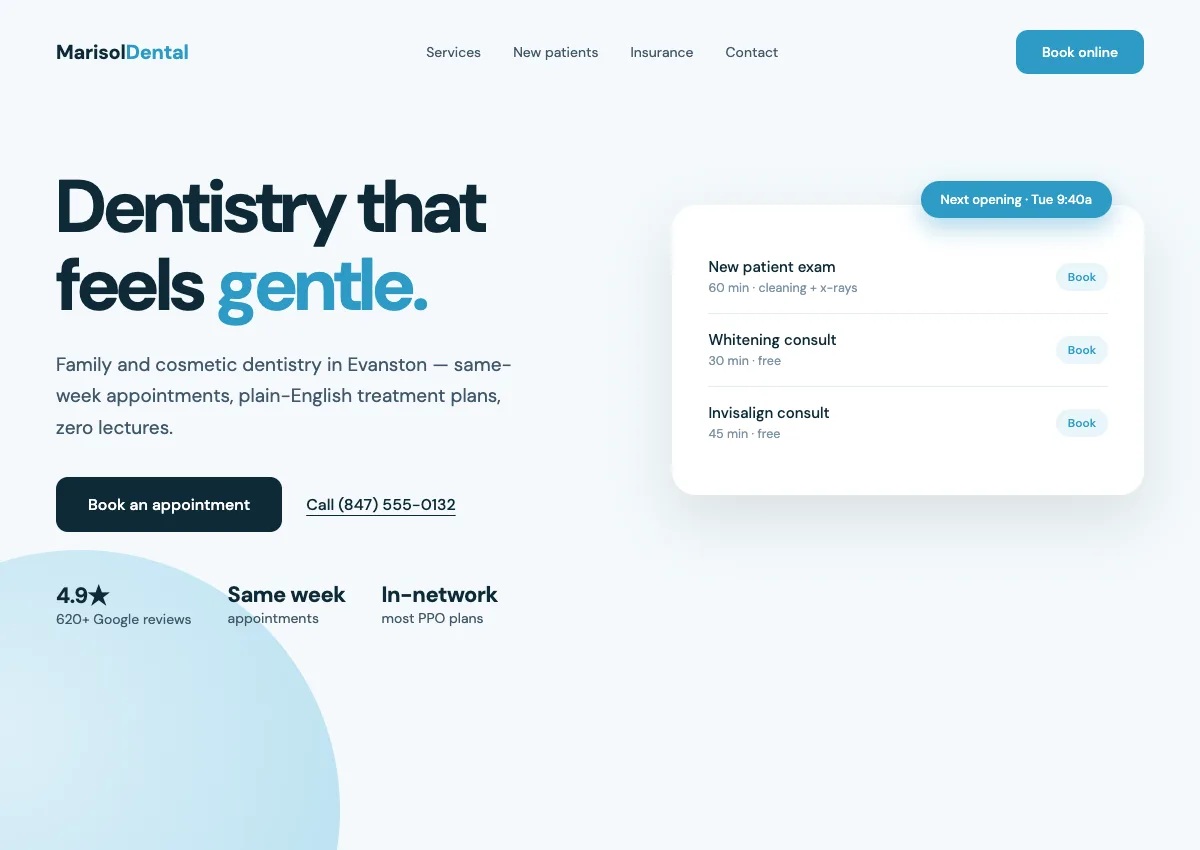 Marisol Dental website concept — calm booking-first dental site