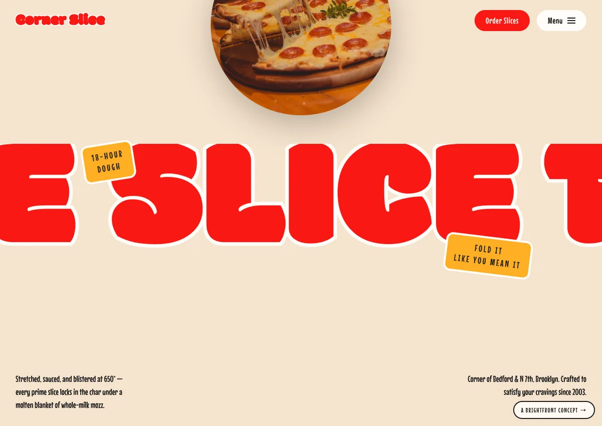 Corner Slice concept — giant red marquee type with a pizza bursting through
